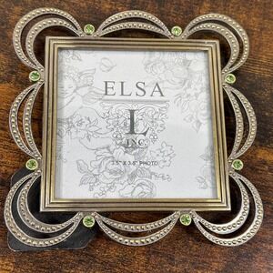Picture Frame Elsa L Inc Square Scalloped Beaded Green Rhinestone 3.5x3.5 Silver